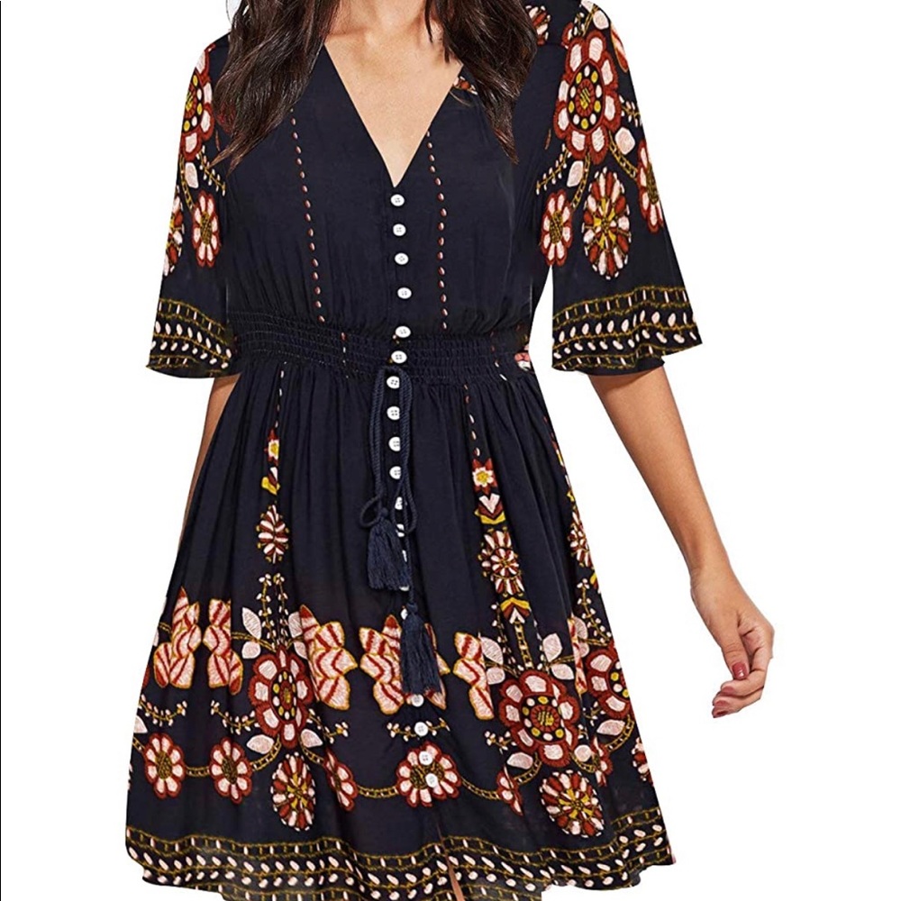 Boho Button Up Floral Print Flowy Party Dress